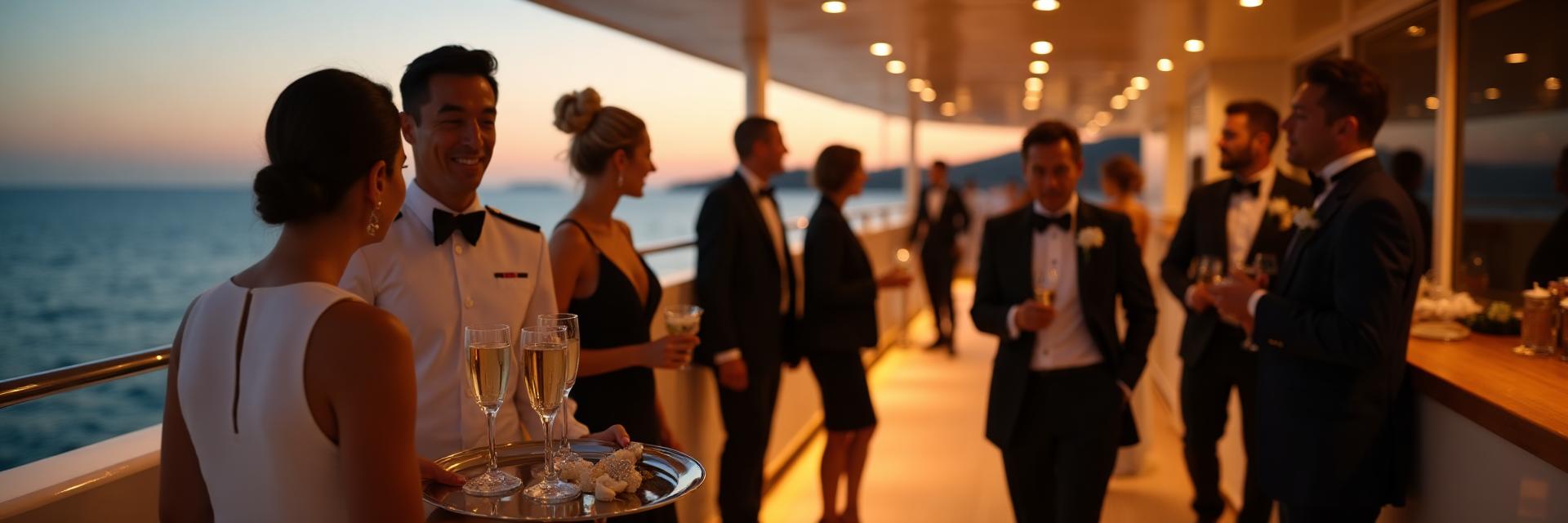 Elegant evening cocktail reception on a superyacht aft deck with crew service